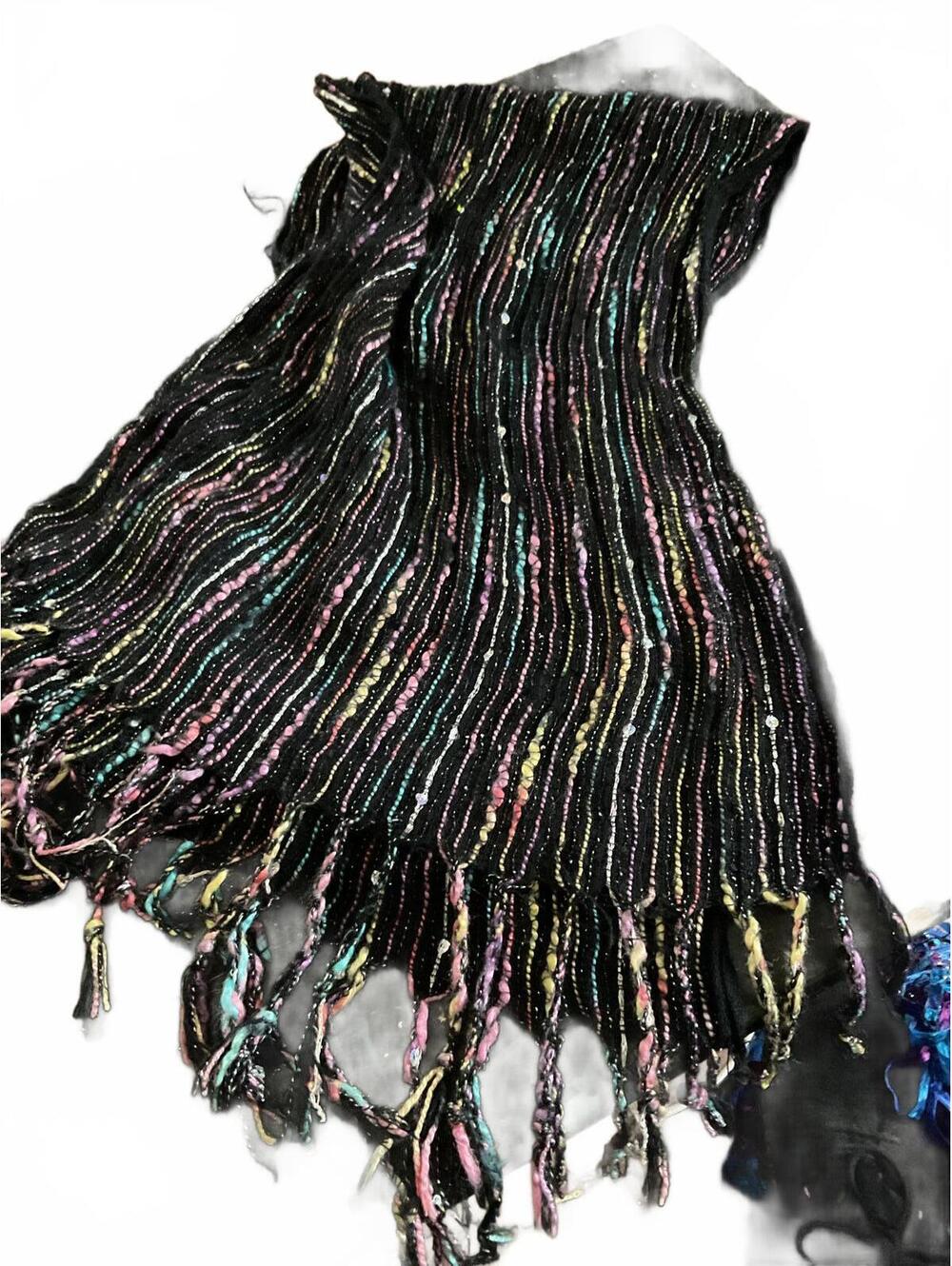 Black Multi color  Striped Knit Scarf with Fringe